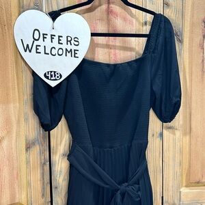 Donna Karen $395 NWT 14 Lg black Elastic Bodice Tie Waist Pleated Dress GORGEOUS